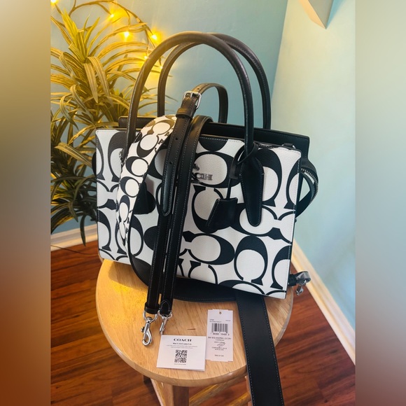 Coach NWT Large Andrea Carryall Black and White Satchel Bag W/ Matching Strap - Picture 1 of 10